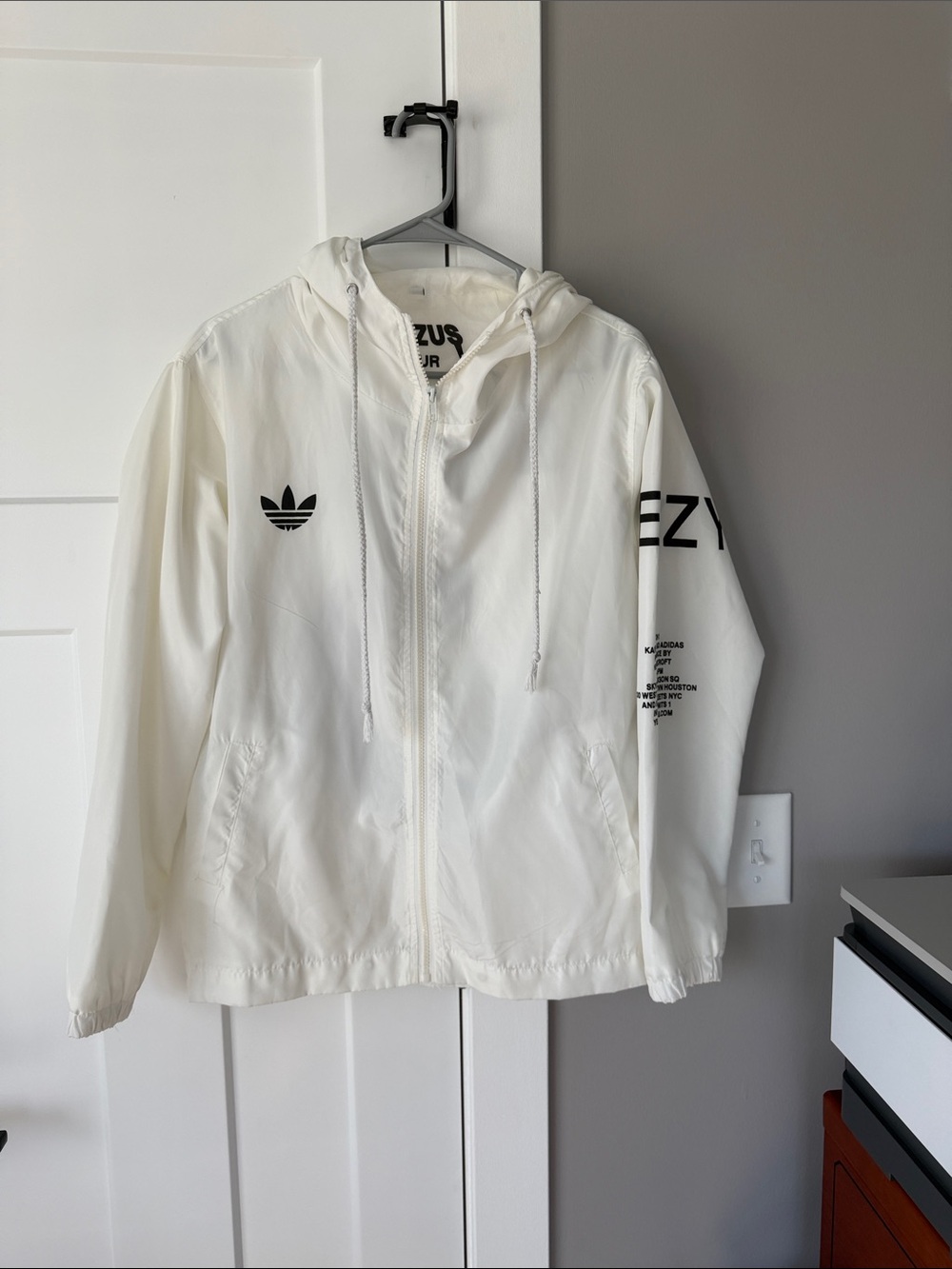 Yeezy White Hooded Bomber Jacket with Black Logos